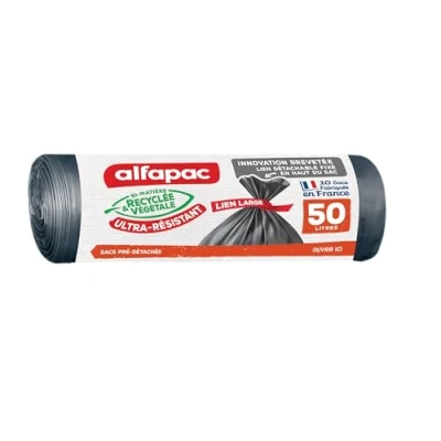 Afbeelding van ALFAPAC 10 vuilniszakken, zeer robuust, gerecycled, maxi gewicht, brede band, zwart, 50 l (68 x 80 cm)