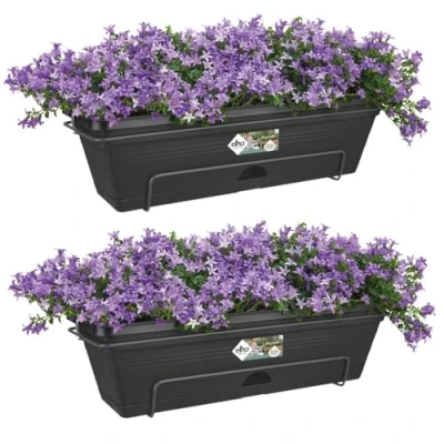 Afbeelding van Elho Green Basics Allin1 Balkonbak met Ophanging 100% Gerecycled Plastic Set van 2 50 cm Living Black