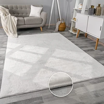 Afbeelding van Paco Home Woonkamer Tapijt Kunstbont Zacht Wasbaar Modern Elegant Makkelijk te Onderhouden Effect Bont Uni Glanzend Fluffy Kortpolig, Maat:60x90 cm, Kleur:Wit