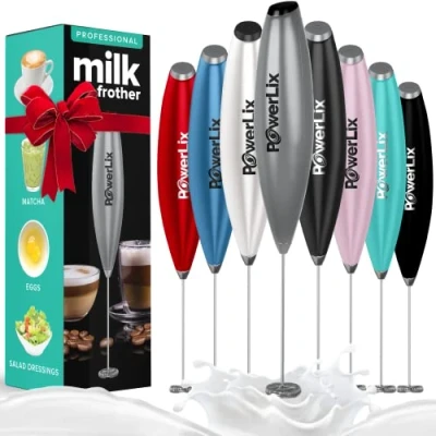 Afbeelding van PowerLix Melkschuimer, handbediende elektrische schuimmaker op batterijen, voor koffie, latte, cappuccino, warme chocolademelk, duurzame mini drankmixer met roestvrijstalen garde, zonder standaard