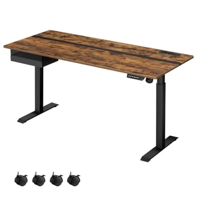 Afbeelding van VASAGLE bureau met elektrische hoogteverstelling, stopcontact en lade, tafeloppervlak 70 x 160 cm, traploos verstelbaar, geheugenfunctie 4 hoogtes, bruine inkt LSD116X01