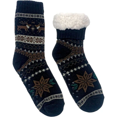 Afbeelding van Merino Wollen sokken Heren Zwart met Rendier maat 39/42 Huissokken Antislip Warme Winter