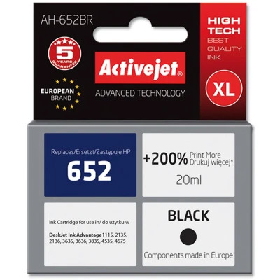 Afbeelding van Activejet AH 652BR inkt (vervanging voor HP 652 F6V25AE; Premium; 20 ml; zwart)