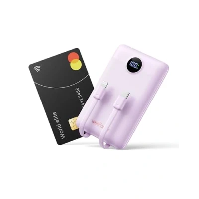 Afbeelding van WeeFancy Mini Power Bank 10000mAh 22.5W Powerbank USB C met Geïntegreerde Kabel PD QC Fast Charge, Ultra Compacte Externe Batterij 3 Output Compatibel iPhone 15/14/Galaxy/Xiaomi/OnePlus
