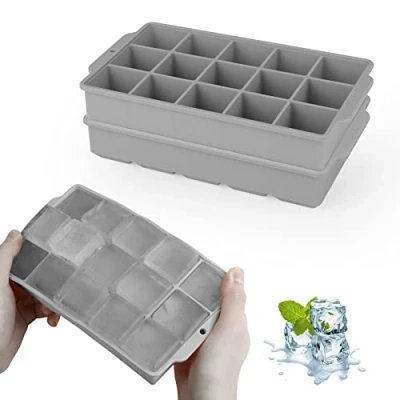 Afbeelding van JOPHEK IJsblokjesvorm, 2 stuks, 30 vakjes, siliconen ijsblokjesschaal, grote vierkante ijsblokjes van 3,5 cm, voor cocktails, whisky, wijn, fruit, puree, ijsthee (grijs + grijs)