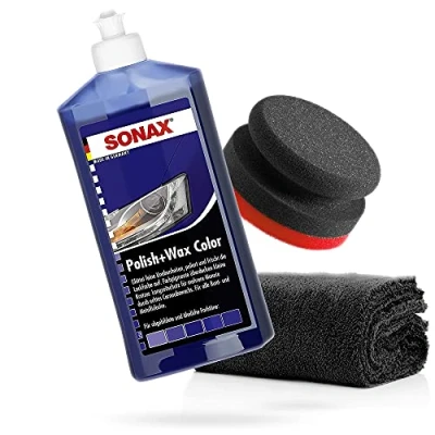 Afbeelding van detailmate Sonax Handpolijstset Polish+Wax Color blauw 500 ml + handpolijstspons Puck in composietopbouw hard Ø90/50 mm Edgeless Superfleece microvezel polijstdoek 550 g/m²