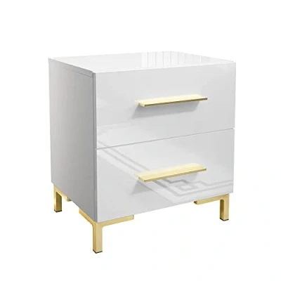Afbeelding van lukmebel Nachtkastje LINA LUX op Gouden Poten Hoogglans Fronten Minimalistisch Capaciteits LED Verlichting Twee Laden Geleiderails 38.5x45x50cm Wit/Wit Glans