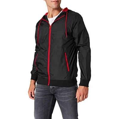 Afbeelding van Build Your Brand Windrunner Herenjas met capuchon en ritssluiting, windbreaker verkrijgbaar in vele kleuren, maten S 5XL, zwart/rood, XXL