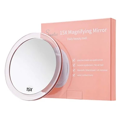 Afbeelding van 15X vergrotende spiegel (15cm rond) met 3 bevestigingszuignappen voor nauwkeurige make uptoepassing wenkbrauwen/pincet mee eter/vlekverwijdering badkamer/reismake upspiegel (roségoud)