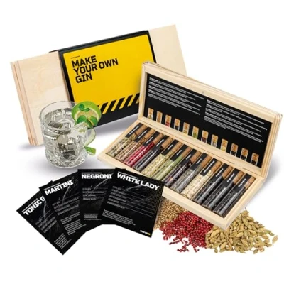 Afbeelding van DIBYS Gin Kruiden Kit Mini 12 Botanicals voor Tonic &amp; Cocktail Met 4 Receptenkaarten, Kruidenlexicon houten Kist Cadeau Set Mannen Vrouwen Accessoires om zelf te maken