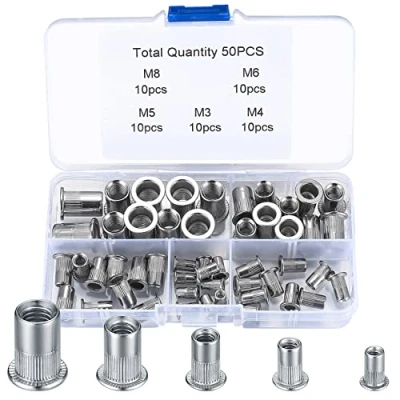 Afbeelding van 50 stuks assortiment klinknagels, klinknagel, platte moer, schroefdraadkop, roestvrij staal, M3, M4, M5, M6, M8