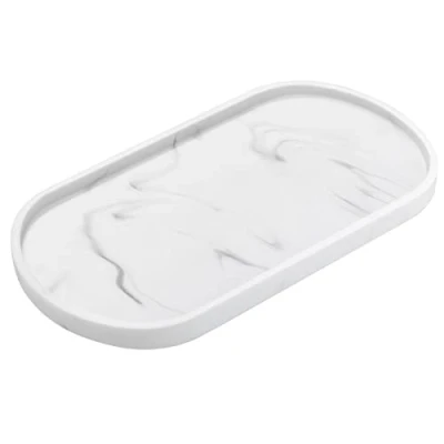 Afbeelding van Luxspire Vanity lade, toilettank ovale opslag hars zeep lade badkuip badkamer Countertop organisatie, Kaptafelhouder voor kaarsen, zeep, handdoeken, planten, etc., Medium, Marmer Wit