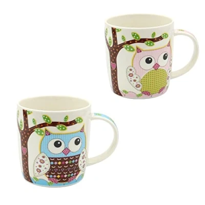 Afbeelding van Dekohelden24 Set van 2 koffiemokken, koffiekopjes porselein, motief: kleurrijke uilen in blauw roze, afmetingen H/Ø: 9,5 x 8,5 cm, inhoud 350 ml, vaatwasmachinebestendig