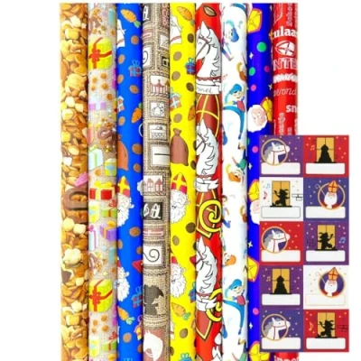 Afbeelding van Sinterklaas Cadeaupapier Assortiment Sinterklaaspapier Inpakpapier inc. 20 Naamstickers 300 x 70 cm 3 rollen