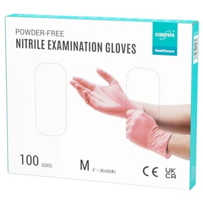 Afbeelding van EUROPAPA® 100 x nitrilhandschoenen, roze box, wegwerphandschoenen, onderzoekshandschoenen, nitril handschoenen, poedervrij, zonder latex, niet steriel, latexvrij, wegwerphandschoenen (M, Roze)
