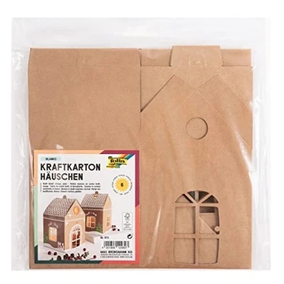 Afbeelding van folia 973 kraftkartonnen huisjes, DIY knutselset voor 6 huizen (elk ca. 11 x 19 cm groot) van onbedrukt, bruin kraftkarton, die individueel kunnen worden versierd, natuur