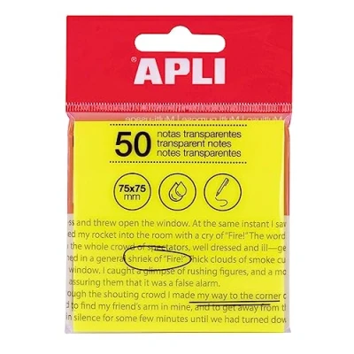 Afbeelding van APLI 19569 zelfklevende notities, transparant, 75 x mm, kleur: geel, 50 vellen, waterbestendig, ideaal voor scholieren en leraren