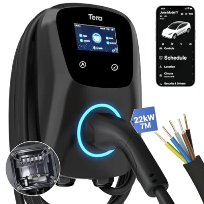 Afbeelding van Tera EV oplader Smart app met 32A type 2 22kW thuislaadstation 400V CE &amp; TÜV Wallbox 7 m oplaadkabel opladerhouder besturing hardwiring voor alle EV&#039;s en PHEV&#039;s W01 zwart