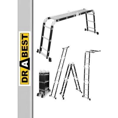 Afbeelding van DRABEST multifunctionele scharnierladder 4x3 treden + PODEST aluminium staal maximale belasting 125 kg 0,32 x 0,89 0,25 m