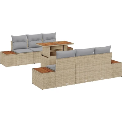 Afbeelding van vidaXL Tuin Sofa Set van 7 Beige, Grijs, Bruin Rattan, Glas, Schuim