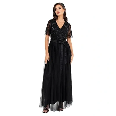 Afbeelding van Maya Deluxe Maxi jurk voor dames, baljurk bruiloft, gast, versierd met strikband, V hals, bruidsmeisje, gala, avondgelegenheid, Zwart, 50