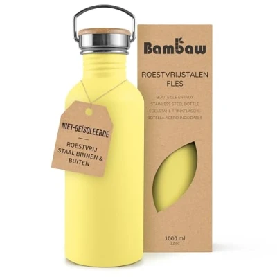 Afbeelding van Bambaw 1 Liter Metalen Waterfles, Herbruikbare Duurzame Drinkfles, Plasticvrij en Lekvrije Roestvrijstalen 1l Eco Waterfles BPA Vrij Zonnegeel
