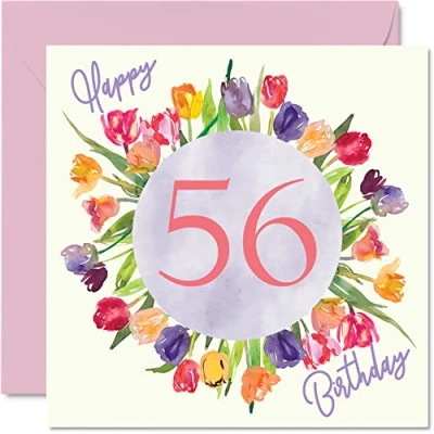 Afbeelding van mooie 56e verjaardagskaarten voor vrouwen aquarel tulpen bloemen boeket gelukkige verjaardagskaart haar oma oppas Gran moeder verjaardagscadeaus, 145 mm x wenskaarten cadeau