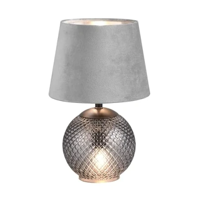 Afbeelding van Reality Leuchten Tafellamp Jonna R51242054, rookglazen voet, fluwelen grijs/zilveren lampenkap, excl. 2x E14