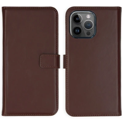 Afbeelding van Apple iPhone 15 Pro Max Hoesje Echt leder Selencia Bookcase Bruin Telefoonhoesje
