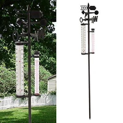Afbeelding van Cepewa tuin regenmeter/weerstation op stok 150 cm metaal thermometer/windrichting/neerslag Regenmeters