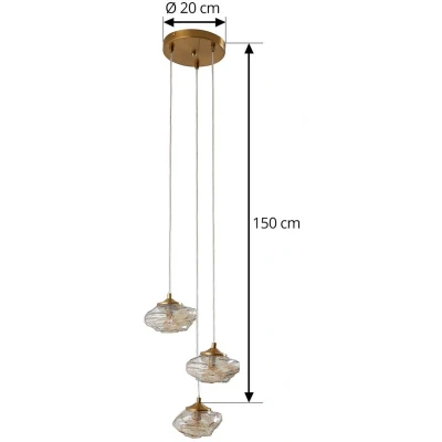 Afbeelding van Lindby hanglamp Piatra, Ø25cm, 3 lamps, cognac/messing, glas