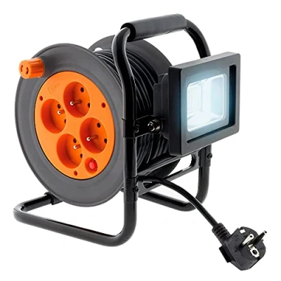 Afbeelding van Elektrische haspel 4 stopcontacten 16A 2P+T met 10W led schijnwerper kabel HO5VV F 3G1 15 m kabelgeleiding Zenitech