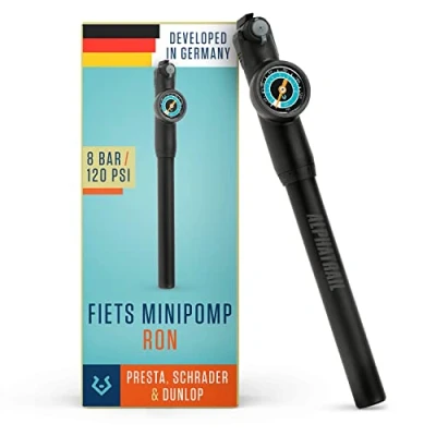 Afbeelding van Alphatrail Minipompe Ron voor alle ventielen 8,3 Bar / 120 PSI maximale Druk I grote Manometer (Ø32mm) 15cm verlengbare slang Fietspomp Presta, Schrader en Dunlop ventiel