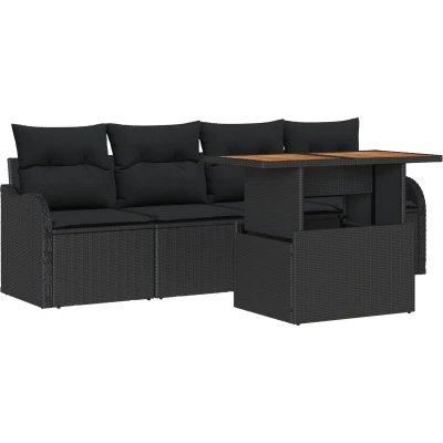 Afbeelding van vidaXL 5 delige Tuin Sofa Set met Kussens Zwart Poly Rattan Acacia, 2 Zitter