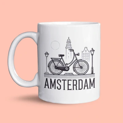 Afbeelding van NietMokken.nl Grappige Mok met Amsterdamse fiets Leuk als cadeau Hollandse en grachtenpanden Aan beide zijden bedrukt Vaatwasser magnetronbestendig