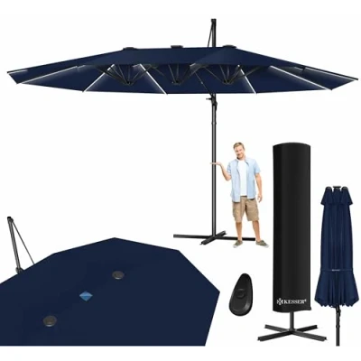 Afbeelding van KESSER® Dubbele Parasol 4,6m x 2,7m Zweefparasol inclusief beschermhoes &amp; Windscherm met zwengel en standaard Kantelbaare aluminium 360 draaibaar Waterafstotend Marineblauw