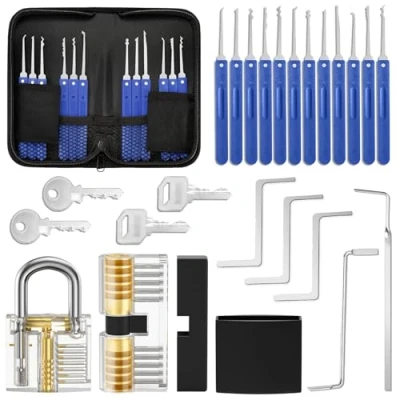 Afbeelding van Lockpicking 17 delige Dietrich set met 2 transparante trainingssloten en handleiding voor slotenmakers, beginners professionals, zwart