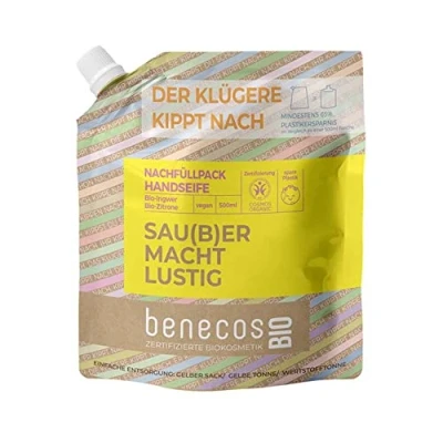 Afbeelding van BenecosBIO navulzak handzeep biologische gember + citroen SAU(B) ER maakt grappig veganistisch gerecycled plastic