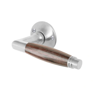 Afbeelding van Deurklink Retro palissander geveerd in mat nikkel met rond rozet