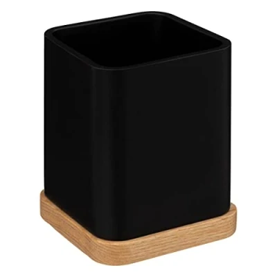 Afbeelding van 5Five tandenborstelhouder/organizer zwart 10 x 8 cm bamboe vierkant tandenborstel beker Tandenborstelhouders