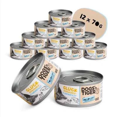 Afbeelding van Dogs&#039;n Tiger Premium natvoer voor katten, diervriendelijke formule met 60% vleesgehalte, zonder suiker, granen en kunstmatige aroma&#039;s, goed verdragen (kip zalmfilet, 12 x 70 g)