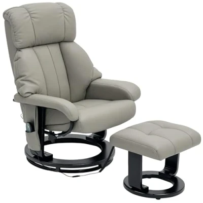 Afbeelding van HOMCOM Relaxstoel met kruk, draaibare televisiestoel massagefunctie, ligfunctie, massagestoel afstandsbediening, zijzak, fauteuil van kunstleer voor woonkamer, grijs