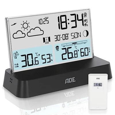 Afbeelding van ADE digitaal draadloos weerstation met buitensensor binnen en buitentemperatuur thermometer, hygrometer, barometer, weersvoorspelling ventilatieadvies draadloze wekker verlichting zwart