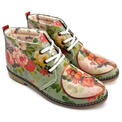 Afbeelding van GOBY Vintage Bloom Enkel Laarzen Handmade Vegan Leer Damesboots Maat 37