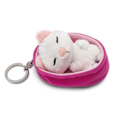 Afbeelding van sleutelhanger Sleeping Pets Kat wit gestreept 8cm mand malve Duurzame metgezel knuffeldierhanger met sleutelring voor sleutelkoord, tas, rugzak en meer
