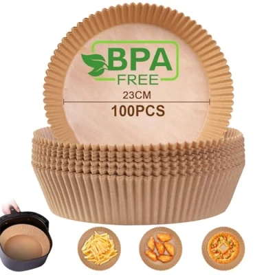 Afbeelding van AiQInu Bakpapier voor heteluchtfriteuse, airfryer, rond, 23 cm, 100 stuks, BPA vrij, waterdicht, oliebestendig, perkamentpapier, liner accessoires oven, magnetron