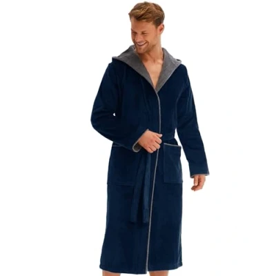 Afbeelding van Morgenstern badjas heren capuchon van puur katoen badstof velour blauw XXL