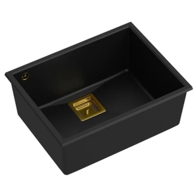 Afbeelding van Quadron Wastafel granieten spoelbak keuken Grootte 55 x 42 22,5 cm Kleur: Pure Carbon &amp; Golden DAVID 50 enkele gootsteen met handmatige sifon