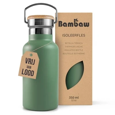 Afbeelding van Bambaw® 350ml RVS Thermosfles Dubbelwandig, Milieuvriendelijk, Lekvrijen, loodvrij en Plasticvrij Geïsoleerde Fles met Bamboe Deksel voor Warme Koude Dranken Ideaal Reizen, Werk, Yoga, Wandelen Dagelijks Gebruik groen