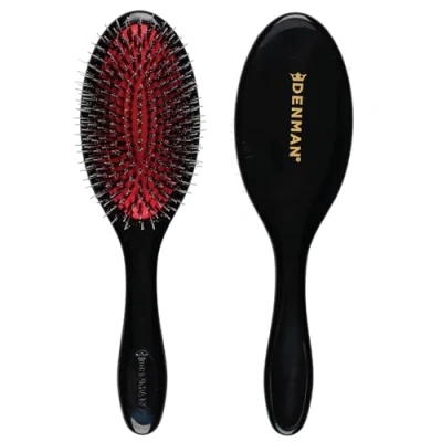 Afbeelding van Denman Cushion Hair Brush (Medium) with Soft Nylon Quill Boar Bristles Porcupine Style for Grooming, Detangling, Straightening, Blowdrying and Refreshing Black, P081M